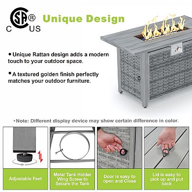 43" Rectangular Propane Fire Pit Table, 50000 BTU Pulse Ignitionfor Outdoor Patio