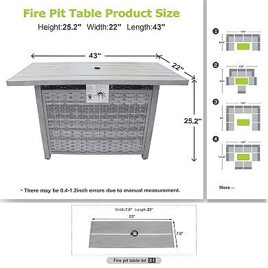 43" Rectangular Propane Fire Pit Table, 50000 BTU Pulse Ignitionfor Outdoor Patio