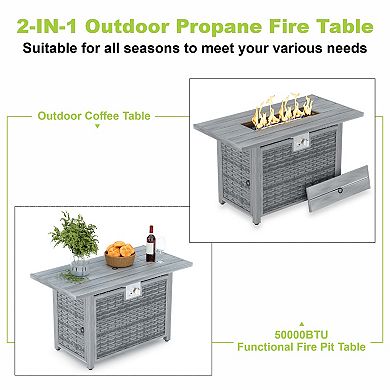 43" Rectangular Propane Fire Pit Table, 50000 BTU Pulse Ignitionfor Outdoor Patio