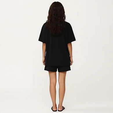 2-Piece Set Oversized Short Sleeve Crew Neck Pajama Top with Relaxed Fit Shorts Sleepwear Set
