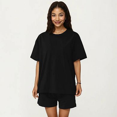 2-Piece Set Oversized Short Sleeve Crew Neck Pajama Top with Relaxed Fit Shorts Sleepwear Set