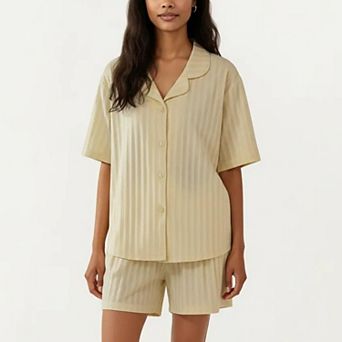 2 pc Set Short Sleeve Button Down Pajama Top with Notch Collar and Relaxed Fit Shorts