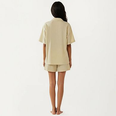 2-Piece Set Short Sleeve Button Down Pajama Top with Notch Collar and Relaxed Fit Shorts
