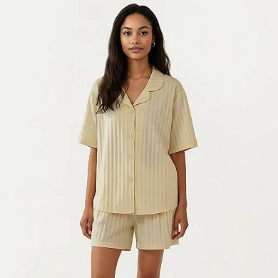 2-Piece Set Short Sleeve Button Down Pajama Top with Notch Collar and Relaxed Fit Shorts