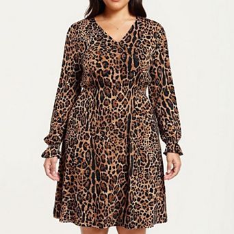 Long Sleeve Leopard Print Midi Dress with V Neck Elastic Waist Flowy A Line Fit Casual Dress