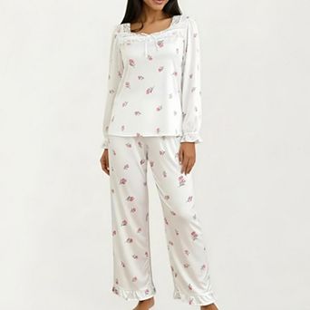 2 pc Set Pajama Top with Lace Trim Tie Neck Detail and Relaxed Fit Pants Printed Sleepwear Set