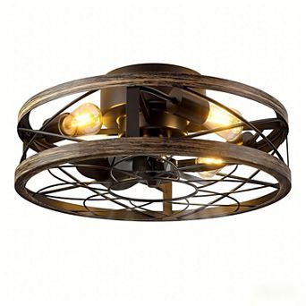 20" Pre-Assembled Rustic Caged Ceiling Fans with Lights and Remote for Kitchen, Bedroom, Black Gold