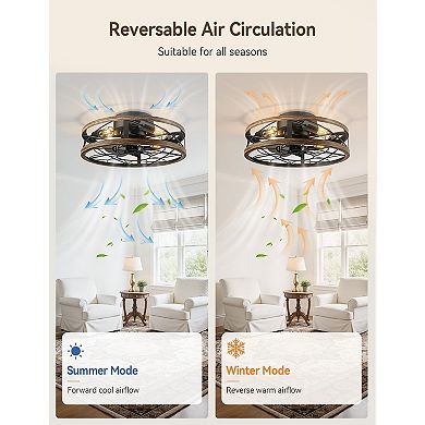 20" Pre-Assembled Rustic Caged Ceiling Fans with Lights and Remote for Kitchen, Bedroom, Black Gold