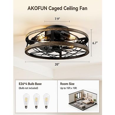 20" Pre-Assembled Rustic Caged Ceiling Fans with Lights and Remote for Kitchen, Bedroom, Black Gold