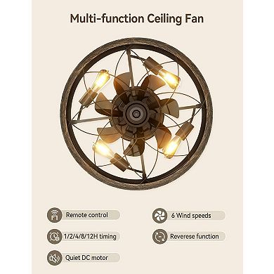 20" Pre-Assembled Rustic Caged Ceiling Fans with Lights and Remote for Kitchen, Bedroom, Black Gold