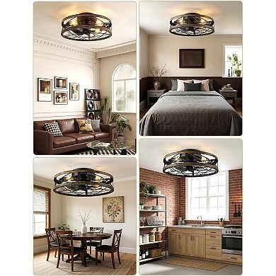 20" Pre-Assembled Rustic Caged Ceiling Fans with Lights and Remote for Kitchen, Bedroom, Black Gold