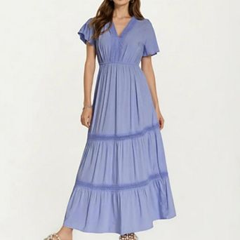 Short Sleeve V Neck Maxi Dress with Tiered Skirt Detail and Relaxed Fit Flowy Silhouette Design