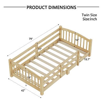 KWPZQEB Solid Wood Montessori Floor Bed with Slats and Safety Guardrails, Easy Assemble, Twin/Full