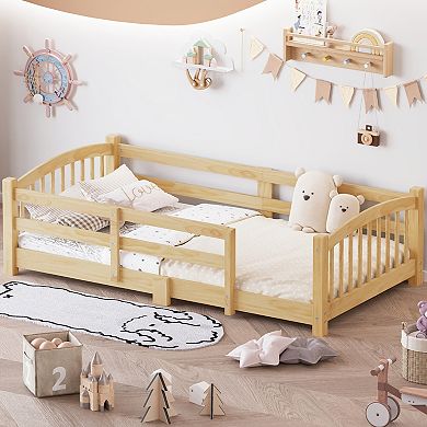 KWPZQEB Solid Wood Montessori Floor Bed with Slats and Safety Guardrails, Easy Assemble, Twin/Full