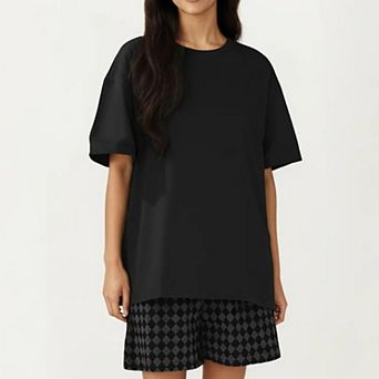 2 pc Set Oversized Short Sleeve Crew Neck Pajama Top with Relaxed Fit Printed Shorts