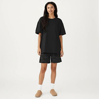 2-Piece Set Oversized Short Sleeve Crew Neck Pajama Top with Relaxed Fit Printed Shorts