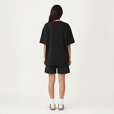 2-Piece Set Oversized Short Sleeve Crew Neck Pajama Top with Relaxed Fit Printed Shorts