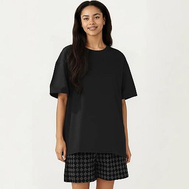 2-Piece Set Oversized Short Sleeve Crew Neck Pajama Top with Relaxed Fit Printed Shorts