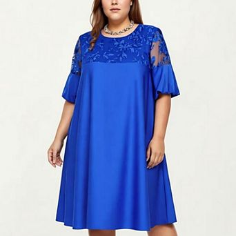 Plus Size A Line Dress with Lace Yoke Short Sleeve Loose Fit Knee Length Casual Dress