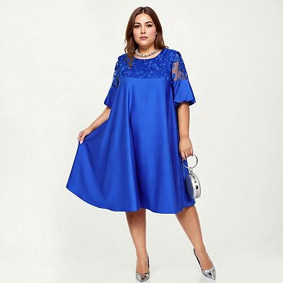 Anna-Kaci Plus Size A Line Dress with Lace Yoke Short Sleeve Loose Fit Knee Length Casual Dress, Plus-4X-20W-22W / Blue