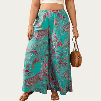 Plus Size Wide Leg Pants with Paisley Print Elastic Waist High Rise Flowy Palazzo Pants
