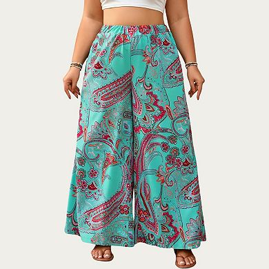 Plus Size Wide Leg Pants with Paisley Print Elastic Waist High Rise Flowy Palazzo Pants