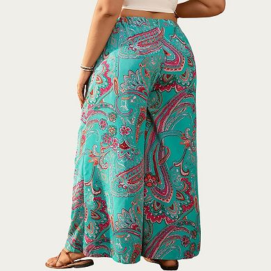 Plus Size Wide Leg Pants with Paisley Print Elastic Waist High Rise Flowy Palazzo Pants