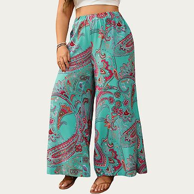 Plus Size Wide Leg Pants with Paisley Print Elastic Waist High Rise Flowy Palazzo Pants