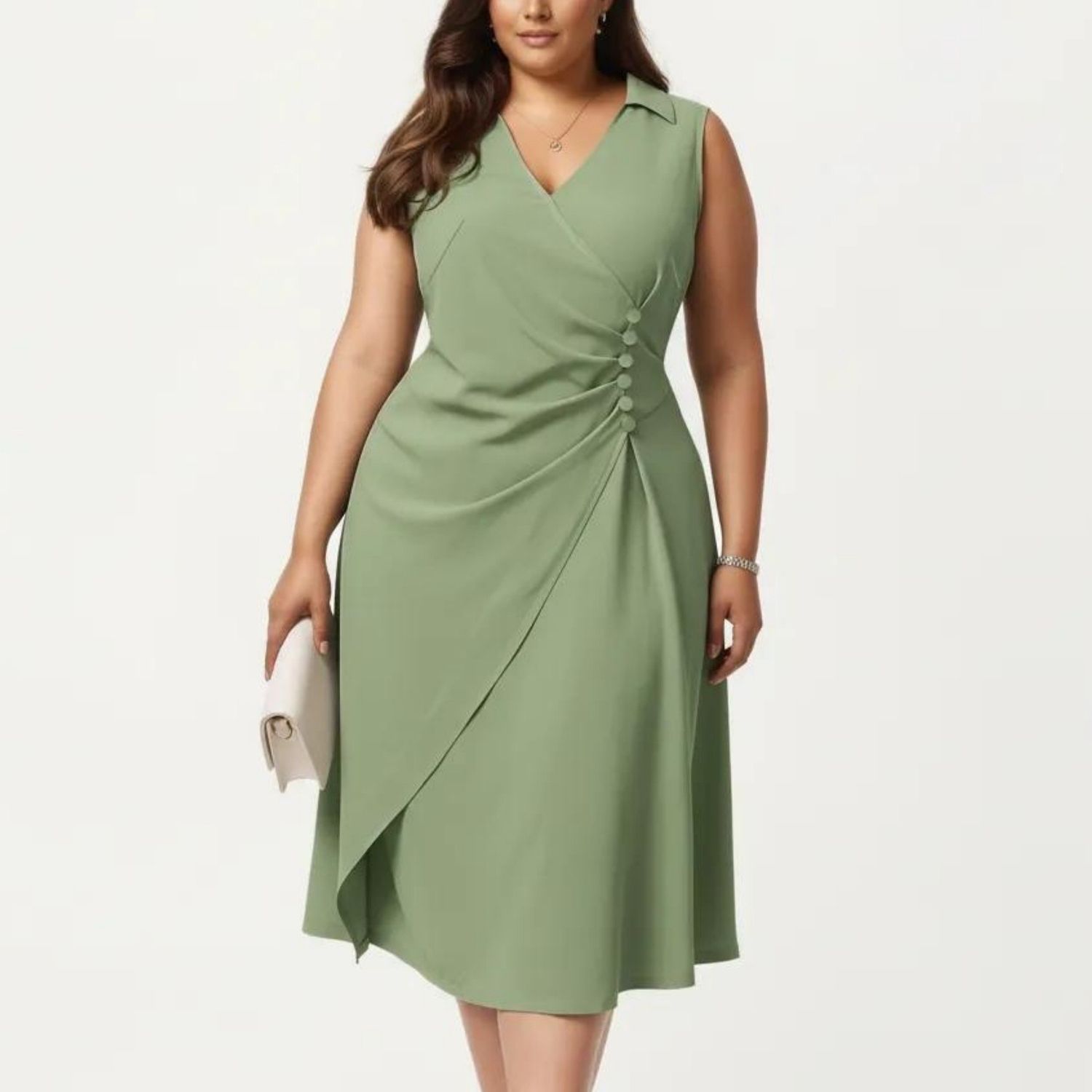 Женские платья Plus Size Sleeveless Wrap Midi Dress with Side Button Detail V Neck Structured Flowy Dress