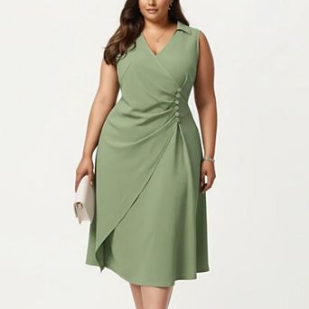 Plus Size Sleeveless Wrap Midi Dress with Side Button Detail V Neck Structured Flowy Dress