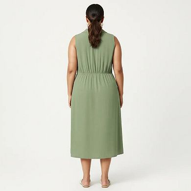 Plus Size Sleeveless Wrap Midi Dress with Side Button Detail V Neck Structured Flowy Dress