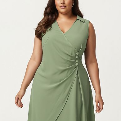 Plus Size Sleeveless Wrap Midi Dress with Side Button Detail V Neck Structured Flowy Dress