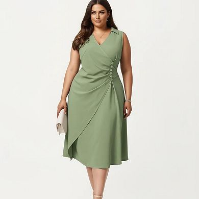 Plus Size Sleeveless Wrap Midi Dress with Side Button Detail V Neck Structured Flowy Dress