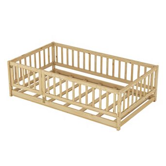 KWPZQEB Twin / Full Size Floor Bed with Slats & Door, Montessori Floor Bed for Bedroom