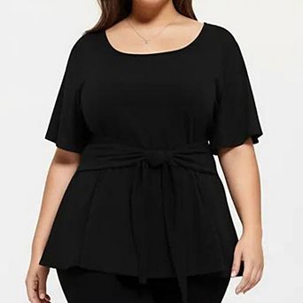 Women's Plus Size Short Sleeve Scoop Neck Top with Waist Tie Detail Flowy Peplum Hem Relaxed Shirt