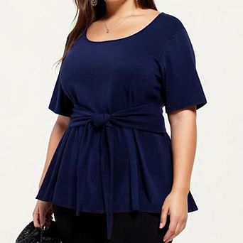 Women's Plus Size Short Sleeve Scoop Neck Top with Waist Tie Detail Flowy Peplum Hem Relaxed Shirt