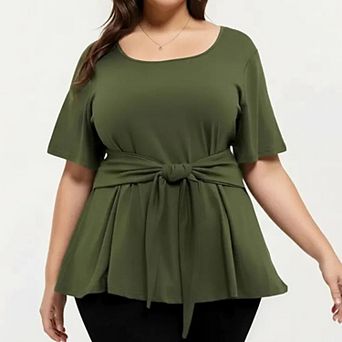 Women's Plus Size Short Sleeve Scoop Neck Top with Waist Tie Detail Flowy Peplum Hem Relaxed Shirt