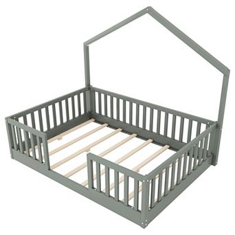 KWPZQEB Twin / Full Wooden Floor Bed with High Rails with Light for Boys and Girls