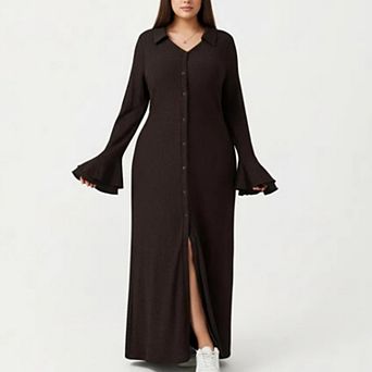 Button Down Maxi Dress with Collar Neck Flare Sleeve Detail Front Slit Relaxed Fit Dress