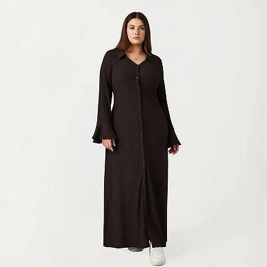 Button Down Maxi Dress with Collar Neck Flare Sleeve Detail Front Slit Relaxed Fit Dress
