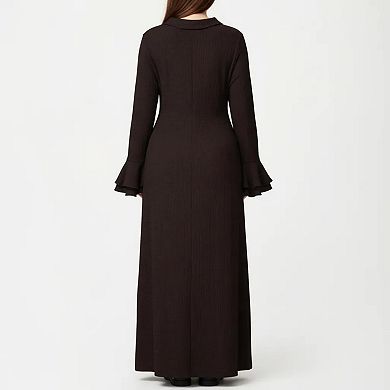 Button Down Maxi Dress with Collar Neck Flare Sleeve Detail Front Slit Relaxed Fit Dress