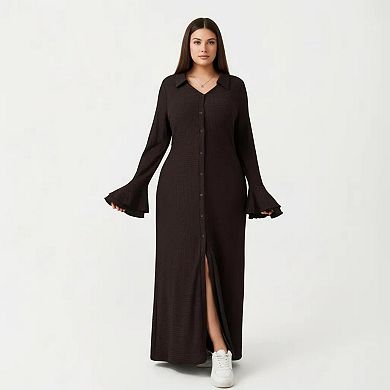 Button Down Maxi Dress with Collar Neck Flare Sleeve Detail Front Slit Relaxed Fit Dress