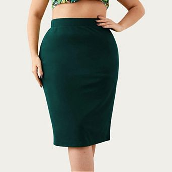 Plus Size High Waist Pencil Skirt with Stretch Fit Knee Length Bodycon Silhouette Pull On Skirt