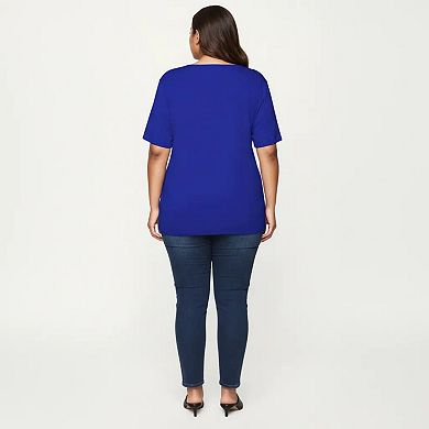 Plus Size Short Sleeve Top with Scalloped Eyelet Hem Round Neck Loose Fit Casual Blouse