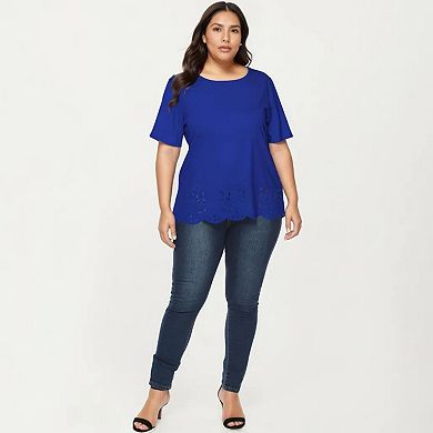 Plus Size Short Sleeve Top with Scalloped Eyelet Hem Round Neck Loose Fit Casual Blouse