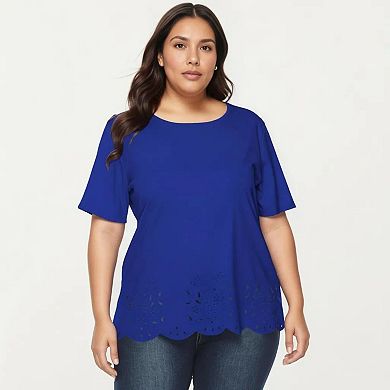 Plus Size Short Sleeve Top with Scalloped Eyelet Hem Round Neck Loose Fit Casual Blouse