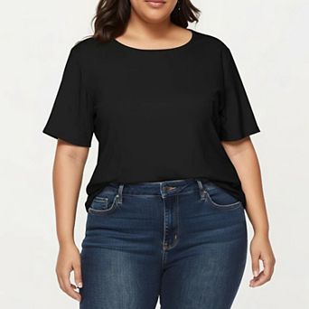 Plus Size Short Sleeve Top with Scalloped Eyelet Hem Round Neck Loose Fit Casual Blouse