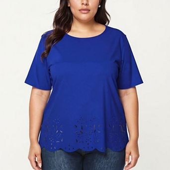 Plus Size Short Sleeve Top with Scalloped Eyelet Hem Round Neck Loose Fit Casual Blouse