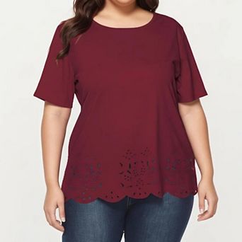 Plus Size Short Sleeve Top with Scalloped Eyelet Hem Round Neck Loose Fit Casual Blouse
