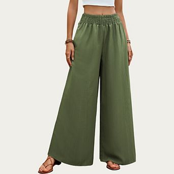 High Waist Wide Leg Pants with Smocked Waistband and Textured Fabric Relaxed Fit Flowing Design
